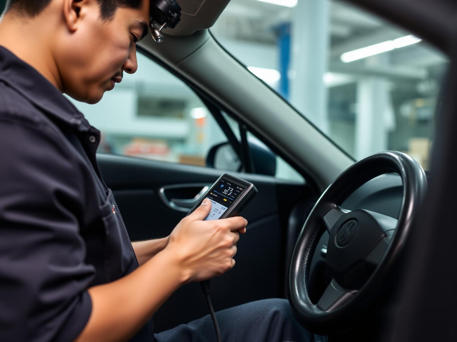 Mechanic running OBD2 diagnostics on a car