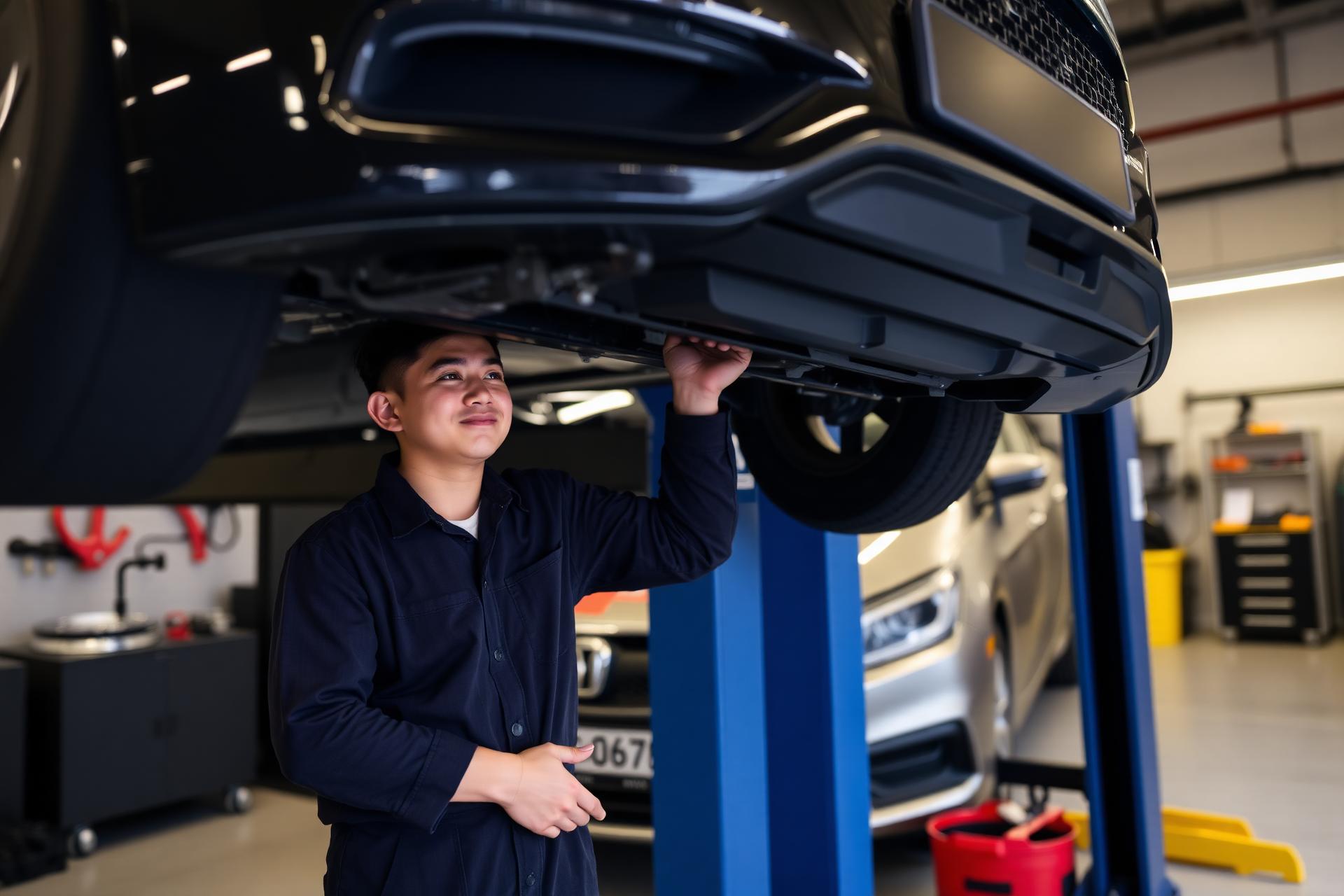 Mechanic servicing a car on a workshop lift
